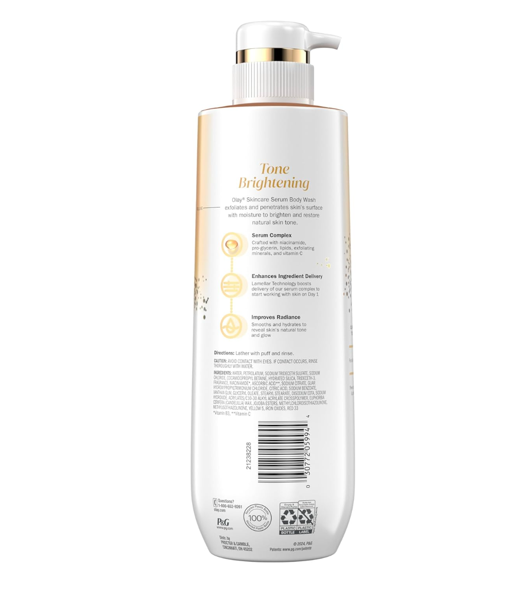 Olay Body Wash for Women, Tone Brightening Exfoliation, Vitamin C Serum  20 fl oz