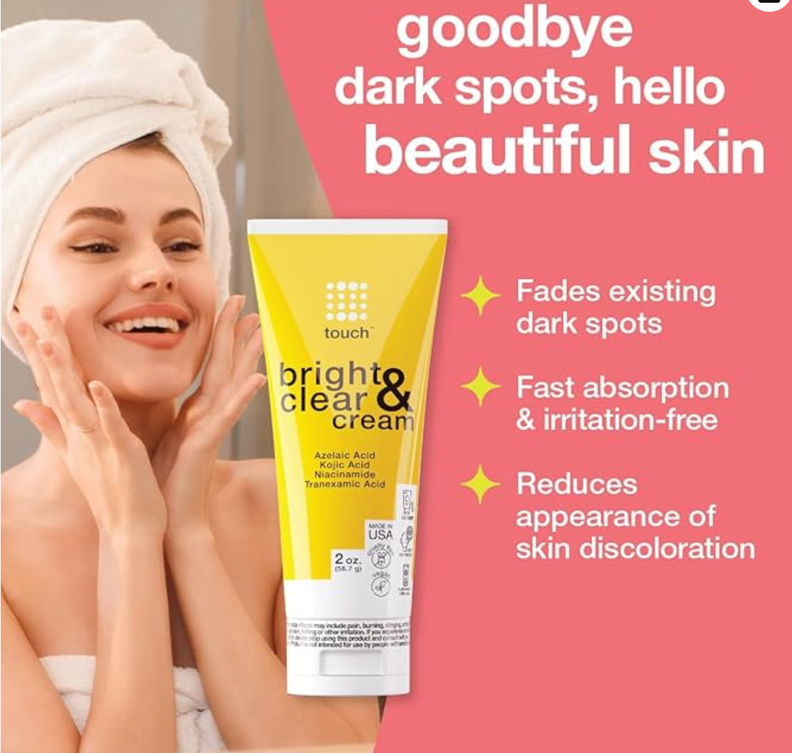 TOUCH Radiance Cream with Niacinamide, Kojic Acid, Tranexamic Acid & Azelaic Acid – Brightening Face Cream for Uneven Skin Tone – 2 oz
