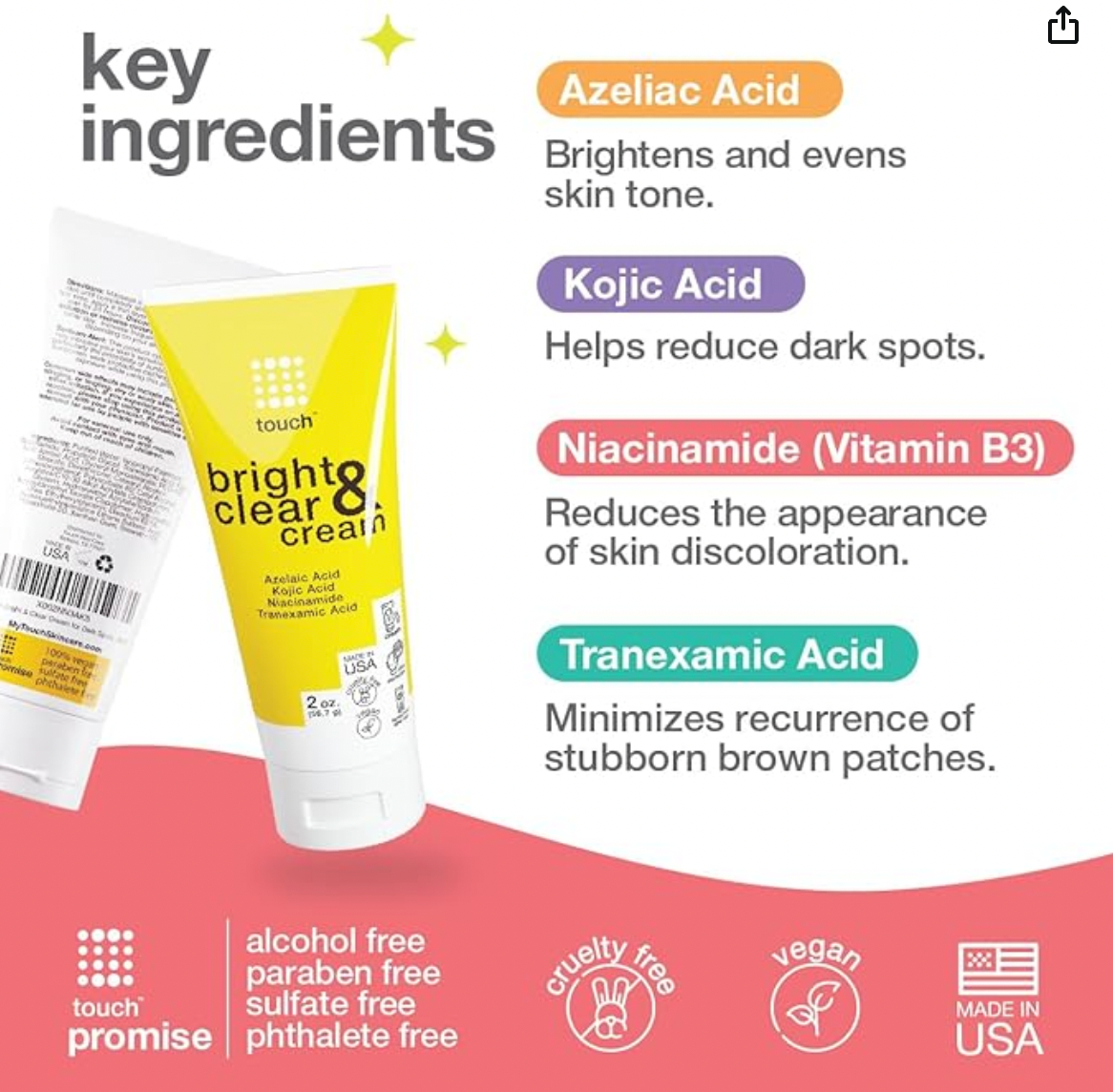TOUCH Radiance Cream with Niacinamide, Kojic Acid, Tranexamic Acid & Azelaic Acid – Brightening Face Cream for Uneven Skin Tone – 2 oz